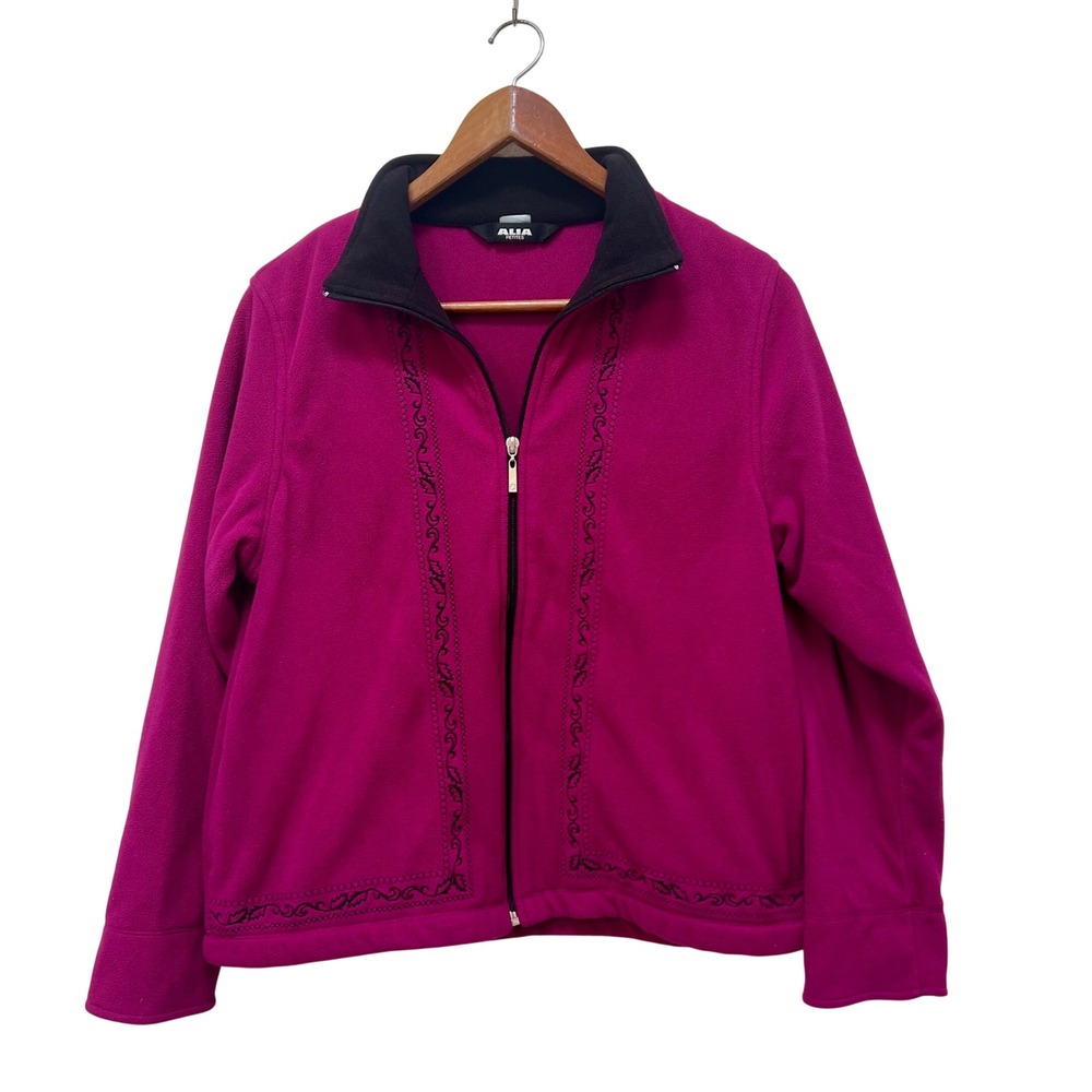 Alia Petites S Magenta Pink Fleece Full Zip Jacket Embroidered Scroll Black Trim
